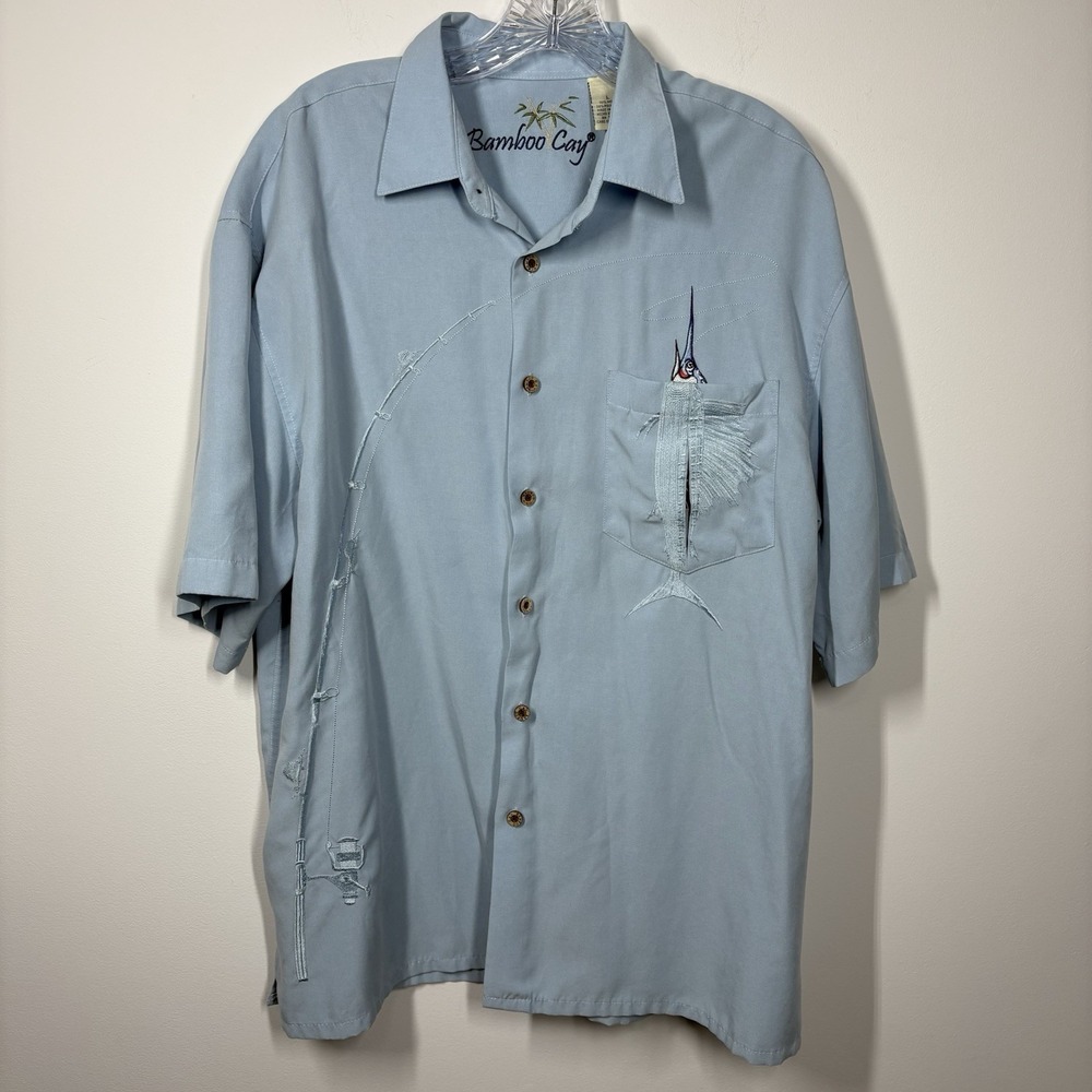 Bamboo Cay Men Short Sleeve Button Up Shirt Size L Blue Embroidered Fishing Pole